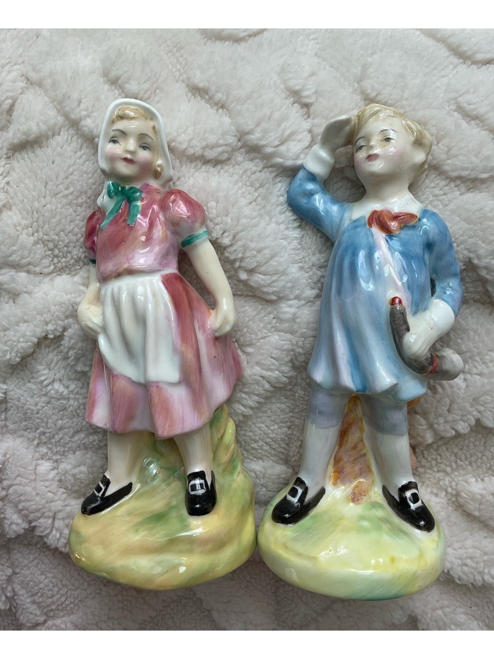 Porcelain Boy and Girl Figurine Pair in Pink & Blue by Doulton & Co Limited 1949
